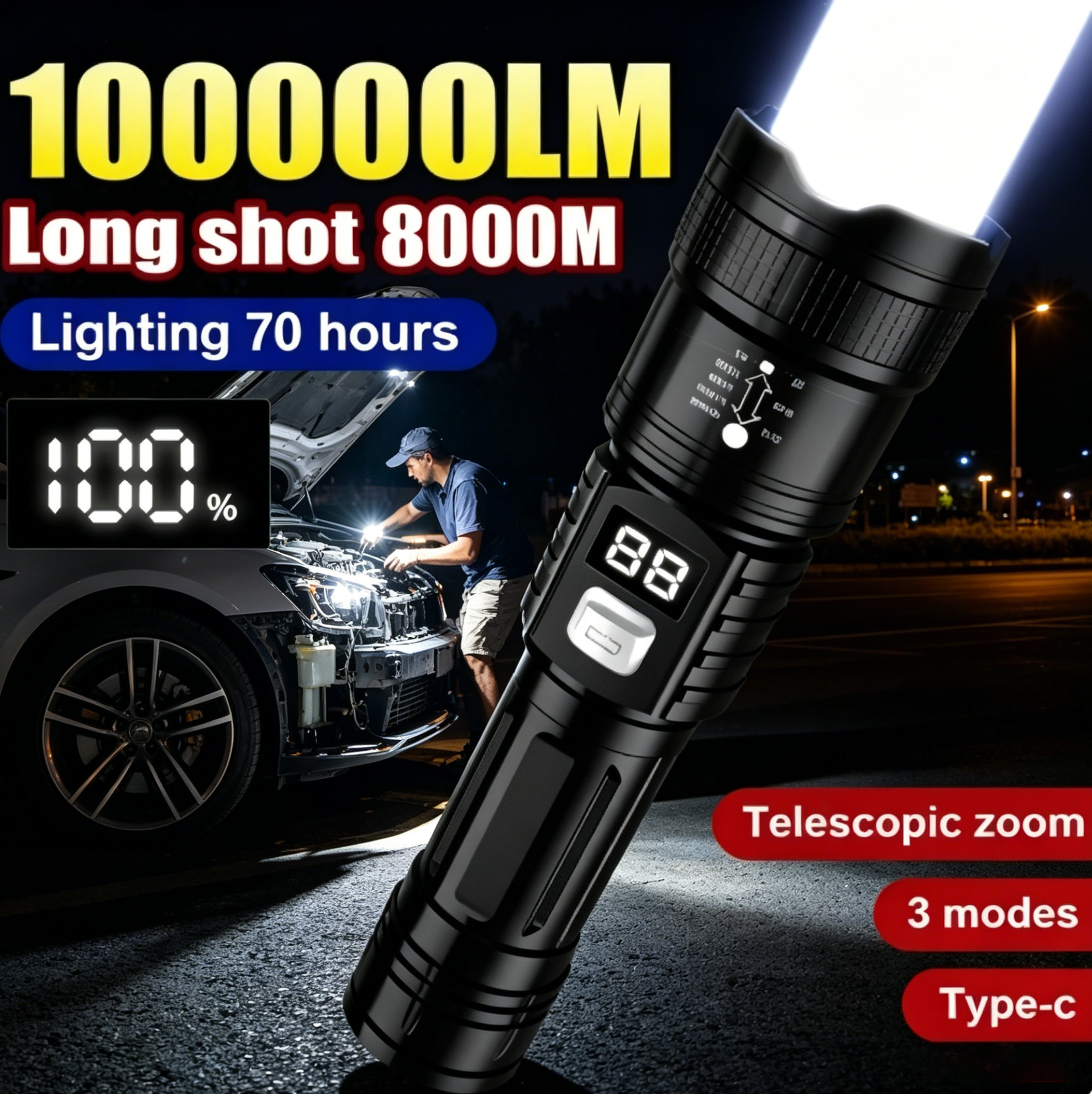 Camping Cooking Fish - Rechargeable LED Flashlight 100000LM Super Bright