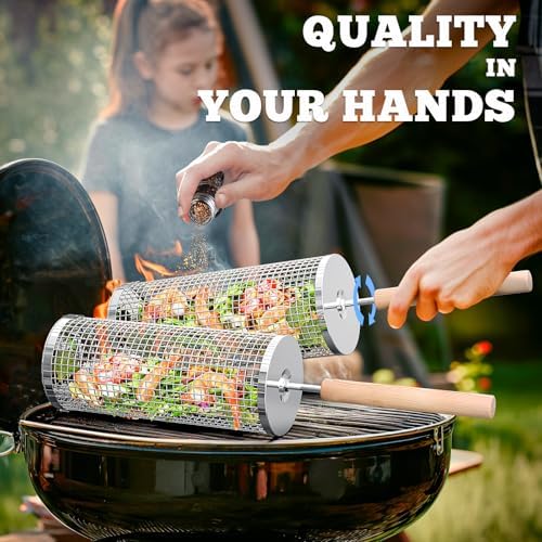 Rolling Grill Basket with Wood - Camping Cooking Gifts recensione e prezzo